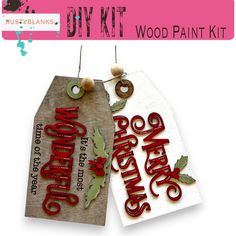 a pair of tags that say wood paint kit Diy Christmas Tags, Patriotic Diy, Diy Christmas Village, Diy Display, Festive Crafts, Festive Holiday Decor, Holiday Tags, Wooden Tags, Wooden Cutouts