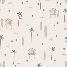 a wallpaper with palm trees, surfboards and houses on the beach in pastel colors