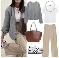 Looks Adidas, Look Boho Chic, Mode Tips, Beige Outfit, Beige Pants, Gray Cardigan, Mode Casual, Stylish Work Outfits, Casual Work Outfits