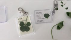 two key chains with clover leaves on them