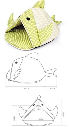 a fish shaped object is shown with measurements for the bottom and side view, as well as