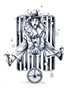 an ink drawing of a clown on a unicycle