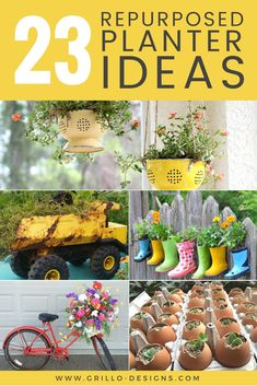 the cover of 23 repurposed planter ideas is shown in yellow and green