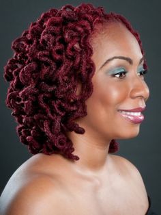 Loc Curly Updos, Curly Locs Black Women Styles, Short Locs Curls Styles, Short Curly Locs Hairstyles, Curly Loc Styles For Women, Color Locs Black Women, Red Locs Black Women, Curly Loc Styles, Curly Locs Black Women