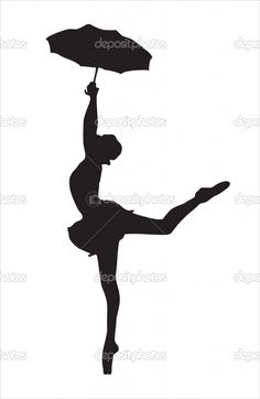 a ballerina holding an umbrella in the air silhouetted against a white background stock photo