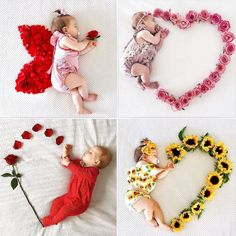 four pictures of babies laying in the shape of hearts with flowers and roses around them