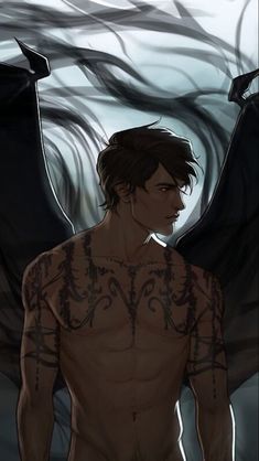 a man with tattoos standing in front of a black dragon