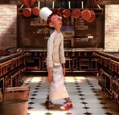 a cartoon character standing in a kitchen with pots and pans hanging from the ceiling