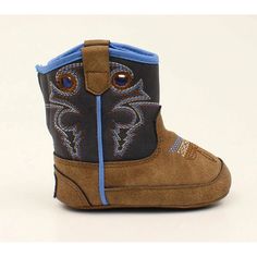 a pair of brown and blue boots on a white background