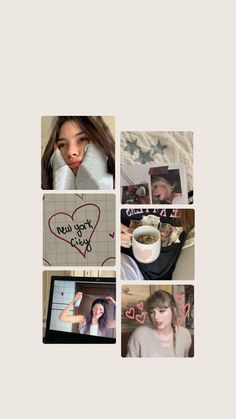 a collage of photos with hearts and words written on the pictures, including a woman's face