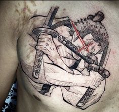 a man's chest with an artistic tattoo design on it, depicting two men holding swords