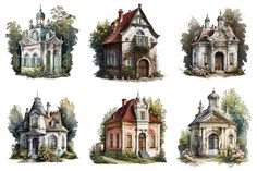 four different styles of houses painted in watercolor