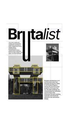 the cover of an architectural magazine with black and white images, including yellow lines on it