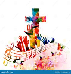 colorful hands and music notes on a white background with an artistic cross in the center