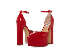 Steve Madden Prompt Pump - Women's Shoes : Red Patent : Lend a chic yet sensual flair to your fun night put look by slipping into the Steve Madden Prompt Pump. Glossy synthetic upper. Synthetic lining with a lightly padded footbed. Adjustable buckle closure on the ankle strap. Closed pointed toe silhouette. Sky high block heel. Durable synthetic outsole. Imported. Measurements: Heel Height: 5 ¾ in; Platform Height: 2 in. Steve Madden Platform Heels, Olive Boots, Red Platform Heels, Womens Red Shoes, Steve Madden Pumps, Heels Aesthetic, Pointy Heels, Black Platform Sandals, Red High Heels