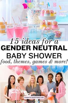 gender neutral baby shower party with pink and blue balloons, streamers, candy bar