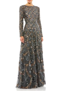 Mac Duggal Beaded Long Sleeve A-Line Gown | Nordstrom Mac Duggal Dresses, Sequin Embroidery, Sequin Prom Dresses, Sequin Gown, Green Prom Dress, Satin Prom Dress, Ball Gowns Prom, Mac Duggal, Mother Of The Bride Dress