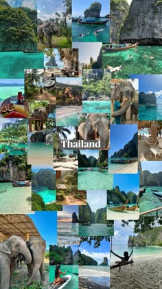 there are many pictures of elephants and people in the water with boats, mountains, and trees