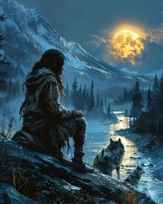 a man sitting on a log next to a wolf in the snow with a full moon behind him