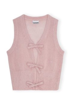 This Pink Mohair Tie String Vest features tie-bands and a GANNI logo. GANNI Pink Mohair Tie String Vest in Lilac Sachet | Women's Size 2XS | Merino Wool/Mohair/Polyamide Ganni Sweater Vest, Ganni Vest, Baby Pink Outfit, Ganni Sweater, Vest Ideas, Pink Set, Knitted Vest, City Dress, Jonathan Adler