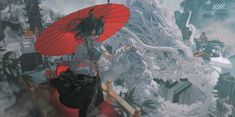 a woman with an umbrella standing on a balcony in the rain, looking at snow covered mountains