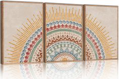 three canvases with an abstract design on the front and back, each painted in different colors