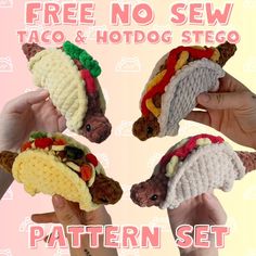 three crocheted hotdogs with buns and ketchup on them