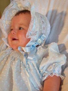 Kaitlyn Collection Dotted Swiss Blue Baby Bonnet-Roses And Teacups Smocking Baby, Heirloom Stitching, Diy Sy, Baby Bonnets, Baptism Dress, Realistic Dolls, Heirloom Sewing