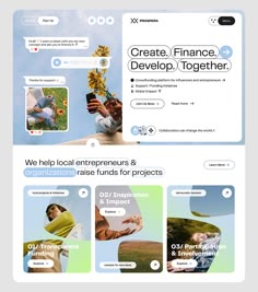 an image of a web page with people on it and the words'create finance, develop, together '