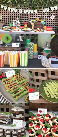 an assortment of desserts and snacks displayed at a birthday party