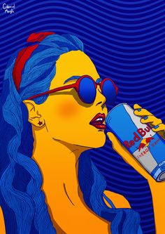 a woman with blue hair and sunglasses drinking from a soda can in front of an abstract background