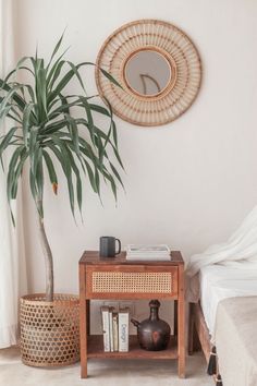 a living room with a potted plant next to a table and mirror on the wall