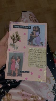 a person holding up a birthday card with pictures on it, and the words happy birthday