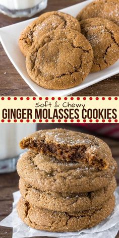 two pictures of ginger molasses cookies stacked on top of each other with the words soft and chewy