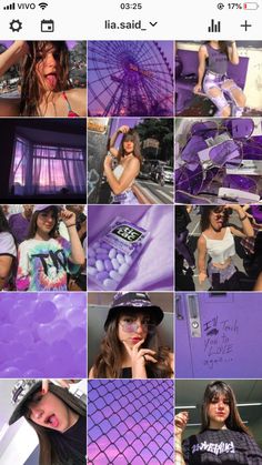 a collage of photos with purple and black colors, including one woman wearing a hat