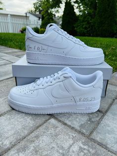 GROOM Air Force 1 sneakers personalized for the grooms special day 🤵🏻  **PLEASE READ LISTING CAREFULLY AS THIS LISTING IS FOR TWO DIFFERENT SHOE TYPES**  SNEAKERS: This listing if for Nike Air Force 1 black check marks or all white, if you would like something different please message me :) Personalization section please add: *your name  *date of wedding NOTE: A proof of your lettering will be sent to you within 72 hours of purchasing, please check your messages to approve image. If seller does not hear back within another 48 hours will proceed with shoes accordingly.  Design: The writing will be on the outer sides of each shoe and will be in a flat black or gray, if you would like another color please message me :) Size: *please know your US MEN shoe size before ordering, I do NOT give Customizable White Sneakers For Wedding, Customizable Low-top Wedding Shoes For Anniversary, Customizable Wedding Sneakers With Round Toe, Customizable Low-top Wedding Shoes For Bride, White Low-top Bridal Sneakers, Customizable Low-top Sneakers For Anniversary, Air Force 1 Wedding, Sneaker Wedding, Mens Wedding Shoes