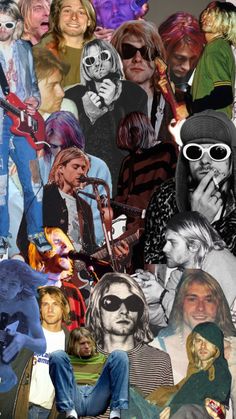 a collage of people with different faces and hair styles, including one man playing guitar