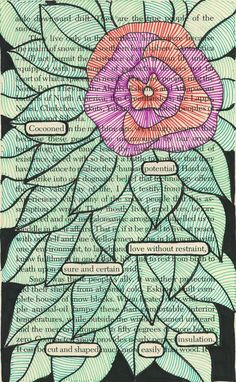 a drawing with words written on it and a large flower in the center, surrounded by leaves