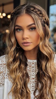 Chunky Braid Bridesmaid Hair, Hair Style Ideas For Photo Shoot, Bohemian Hairstyles Long, Family Picture Hairstyles For Women, Family Photo Hairstyles, Country Concert Hair Ideas, Cute Boho Hairstyles, Half Braids Half Curls, Hairstyles For Brown Hair