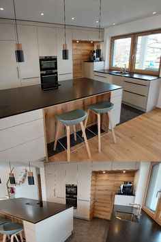 the kitchen is clean and ready to be used for cooking or eating, with stools at the island