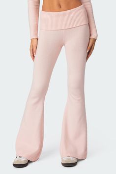 Desiree Knitted Low Rise Fold Over Pants – edikted Fold Over Pants, Hoodie Cardigan, Bootcut Pants, Hooded Cardigan, Pink Pants, Knit Outfit, Knit Pants, Fold Over, Cropped Hoodie