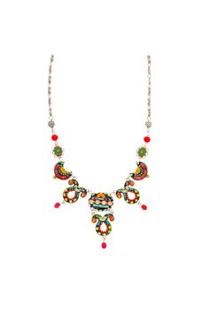 Colorful string art multi color necklace - Alpaca based arabesque necklace in green, red, orange, blue and yellow Swarovski crystals beads. The necklace was carefully handmade and painted, combining brass plated alpaca metal with detailed design and rich with various elements.  This colorful necklace display an elegant look, combining both oriental and classic styles, inspired by different cultures coming together, different aesthetics mixed into a new and original style. Perfect for evening occ Firefly Jewelry, Beaded Boho Necklace, Multi Coloured Necklaces, Large Pendant Necklace, Multicolor Earrings, Different Aesthetics, Crystal Bead Necklace, Silver Necklace Statement, Swarovski Crystal Necklace