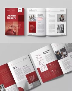 a red and white brochure is open to show the company's annual report