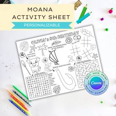 the moan activity sheet is shown with markers and crayon pencils next to it