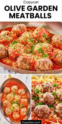 collage of different meatballs and sauces with text overlay that reads copycat olive garden meatballs