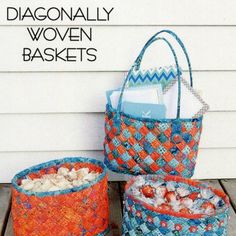 three woven baskets sitting on top of a wooden table next to each other and the words diagonally woven baskets above them