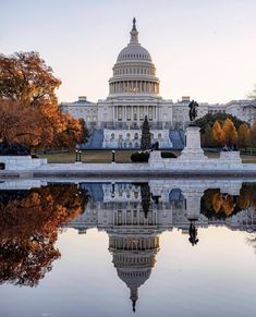 the united states capitol building in washington, d c is reflected in the reflecting pool