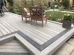 a wooden deck with chairs and potted plants in the back yard, next to an outdoor dining area