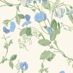 blue flowers and green leaves on a white wallpapered background with swirls in the center