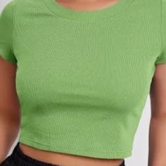 Lime Green One Size: S-Xl A Seamless Ribbed Knit Shirt Featuring A High Neckline Made In The U.S. Solid Ribbed Stretch Top, Ribbed Solid Stretch Tops, Solid Stretch Ribbed Tops, Stretch Solid Ribbed Top, Fitted Solid Crop Top With Ribbed Neckline, Trendy Green Ribbed T-shirt, Green Seamless Scoop Neck Tops, Spring Solid Crop Top With Ribbed Neckline, Solid Color Crop Top With Ribbed Neckline For Spring